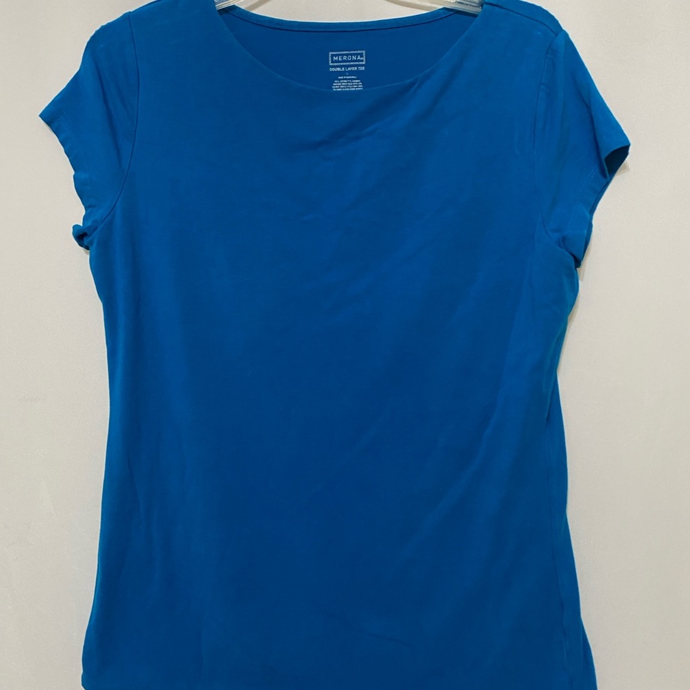 Merona Blue Fitted Cap Sleeve T-Shirt